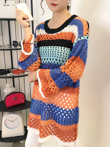 Stripes chandails multicolore découpes Pullover lâche chandails des femmes