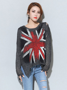 Chandails tricot drapeau femmes impression découpes Split hautes basse pulls courts