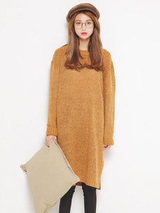 Manches longues solide Maj pull robe Crewneck doux coton Split tricoté robe