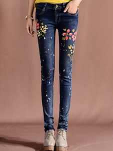 Jeans bleu femmes coton Floral imprimés Skinny Pants avec poches