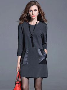 Nouvelles femmes tombent robe PU Patchwork noir Shift robe avec poches