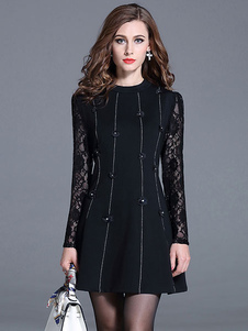 Patineur robe manches longues dentelle florale embellie robe évasée rayée