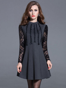 Patineuse noire robe dentelle orné manches longues robe équipage collier clouté arcs robe évasée