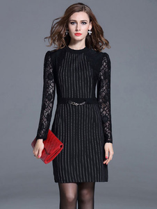 Robe rayée zippée manches dentelle Long retour pour femmes