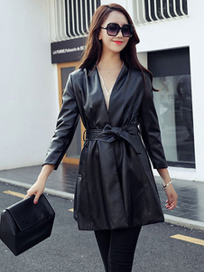 Manteau de Wrap femmes manteau noir PU cuir v-cou plissé Flare