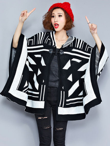 Jacquard de coton noir manches longues couverture géométrique Poncho féminines capuche Cardigan