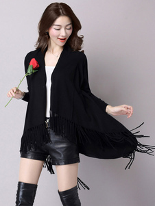 Des femmes tricot Cardigan coton longues manches ouverte avant haute basse chandail avec frange