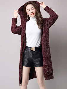 Hooded Cardigan manches longues Bourgogne ouvert avant pull femmes avec poches