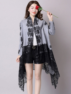Châle pull gris manches longues dentelle Applique haute basse Cardigan des femmes