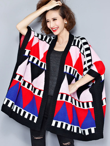 Géométrique Poncho pull 3/4-Length manches Cardigan Front ouvert Jacquard