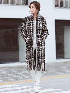 Cardigan plaid Coat poches franges mi-longs vêtements d’extérieur pour femmes
