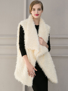 Blanc col Turndown ouvert avant sans manches palangre couches de la fausse fourrure veste femme