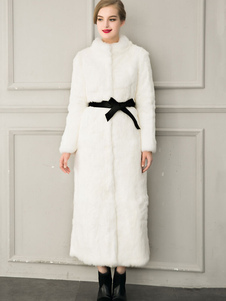 Blanc fausse fourrure ouverte avant luxueux Long manteau manteau d’hiver femme avec ceinture