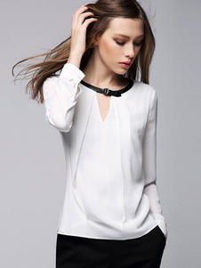 Blanc Blouse en mousseline de soie chemise manches longues boucle découpe féminine