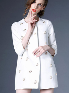 Blouse blanche Jeweled 3/4-Length féminines manches bouton manteau