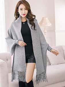 Poncho Cardigan bleu manches longues Batwing Open Front pull femmes avec frange