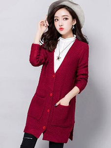 Cardigan kaki manches longues col v bouton tricots de la femme avec poches