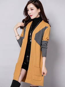 Gris bicolore poches occasionnels tricots Cardigan chandails féminin