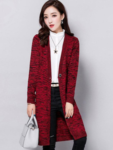 Pull manteau 1 bouton poches mi-longs tricots femmes en gris/bordeau