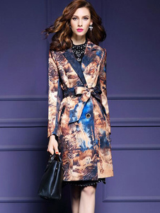 Imprimé le manches longues marron Notch collier ceinture bouton manteau Trench Coat féminin avec poc