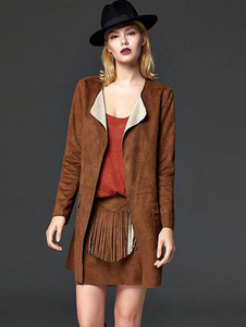 Manteau manches longues bleu Suede Trench-Coat féminin avec poches