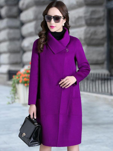 Pourpre manches longues col Turndown bouton manteau de Trench Coat femme d’hiver avec poches