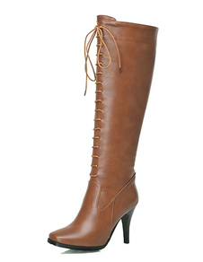 Bottes femme à talons aigus en PU unicolore avec lacets