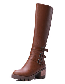 Bottes chic à talons épais en PU unicolore avec boucle