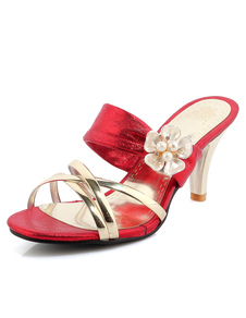 Chaussures de mariée rouge contraste couleur perles fleur haut talon chaussures de mariée féminin