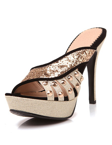 Mariage chaussures de mariée paillettes haut talon sandales Backless Rivets étoiles scintillantes