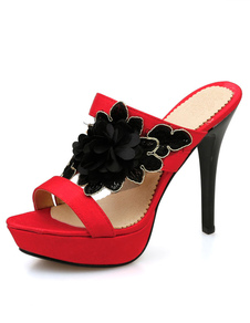 Plate-forme de haut talon chaussures de mariage rouge dos nu Satin fleur rouges sandales de mariée