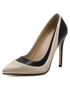 Noires pompes femmes a souligné Toe Rhinestone bicolore Slip haut talon