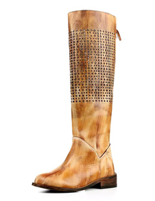 Bottes Talon plat en cuir kaki conception antique creusé