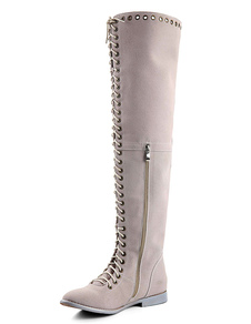 Cuissardes Talon plat en cuir poncé gris clair unicolore à lacets avec lacets de PU cuir