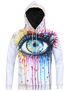 Blanc Long hommes Hoodie manches Sweat à capuche avec impression d’oeil