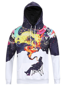 Manches blanc Long Hoodie homme imprimé Sweatshirt avec poche frontale