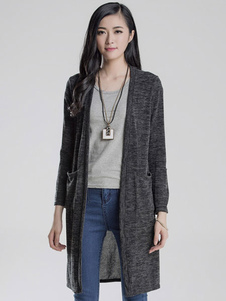 Coton Cardigans poches mi-longs chandails avant ouverte des femmes