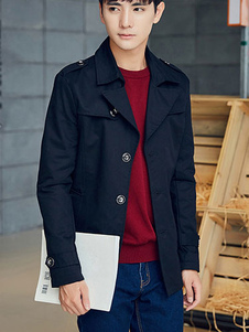 Trench-Coat coton noir manches longues bouton manteau masculine avec poches