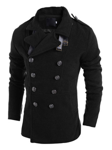 Noir croisé bouton coton pour hommes Caban manches longues Outwear
