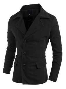 Noir manteau coton bouton manches longues Notch collier pardessus hommes