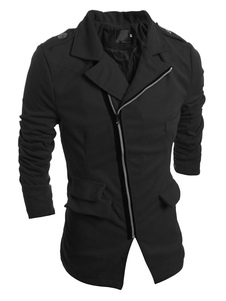 Noir manteau coton à capuche hommes manches longues col Turndown Outwear avec poches