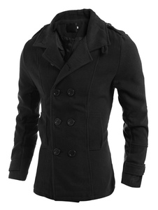Noir Peacoat hommes Outwear bouton croisé coton manches longues