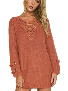 Pull femme Chandail brun surdimensionné manches longues col v Criss-cross Lace-up oeillet