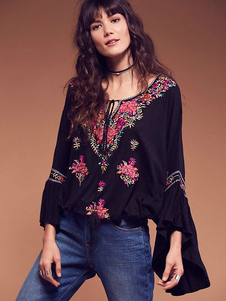 Bohème noir chemisiers brodés ballon manche surdimensionnés Tops pour femmes
