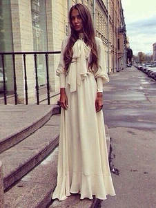 Robe longue en mousseline de soie robe Maxi noeud papillon col manches longues Style Vintage