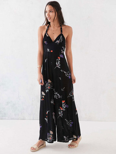 Noir lanières Backless imprimé Long Jumpsuit en mousseline de soie Jumpsuit féminin