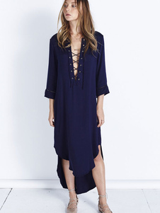 Haut/bas ourlet irrégulier Maj Shirt robe décolleté plongeant robe en mousseline de soie bleu profon