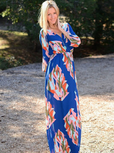 Robe Maxi bleu Floral Print v-Neck taille haute manches longues Slim Fit robe longue