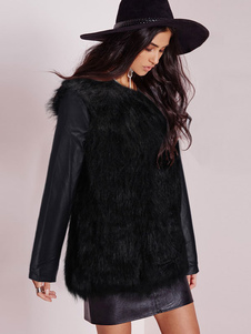 Manches longues manteau d’hiver noir féminin Slim Fit fausse fourrure manteau de cuir