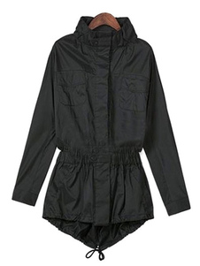 Manteau noir femme capuche poches Drawstring élevé faible manteau d’hiver
